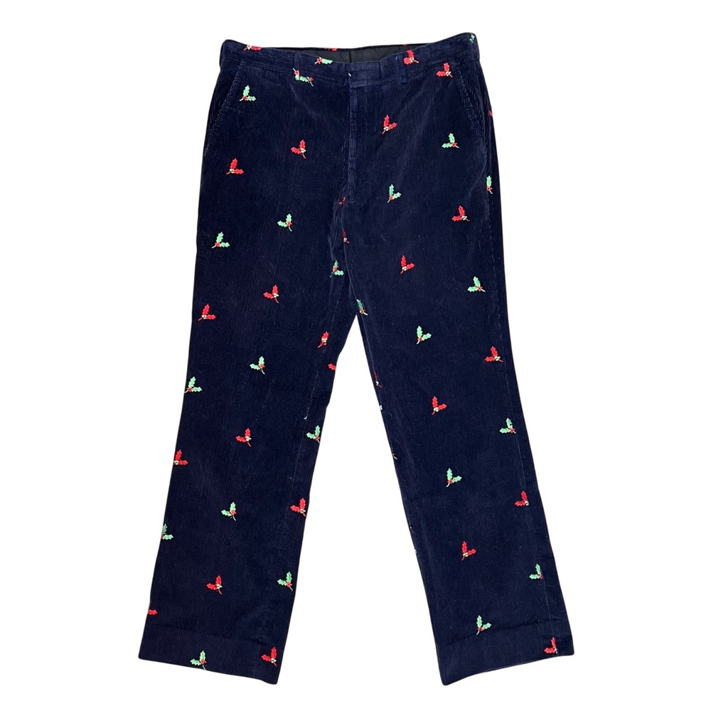 Brooks Brothers Mens Navy Blue Corduroy Holly Embroidered Holiday Trousers 37x33